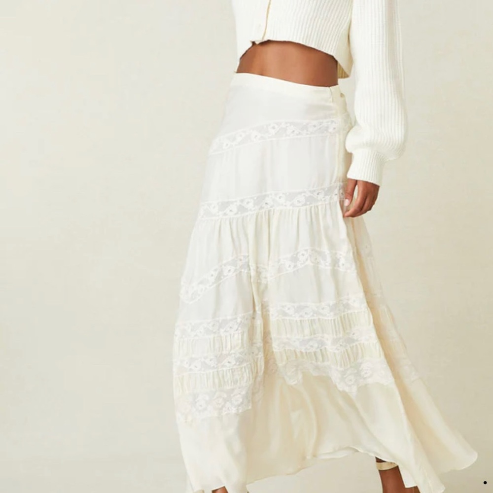 LOVESHACKFANCY LAIA lace trimmed silk maxi skirt in cream. Like New/worn once…